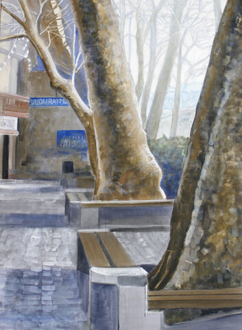 Plantane trees and "Salon Raymond", Céret | 95 x 70 cm | acrylic on canvas
