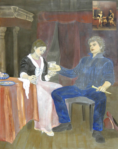 Quotation:Young woman is offered money, after ter Borch | 70 x 55 cm | acrylic on canvas